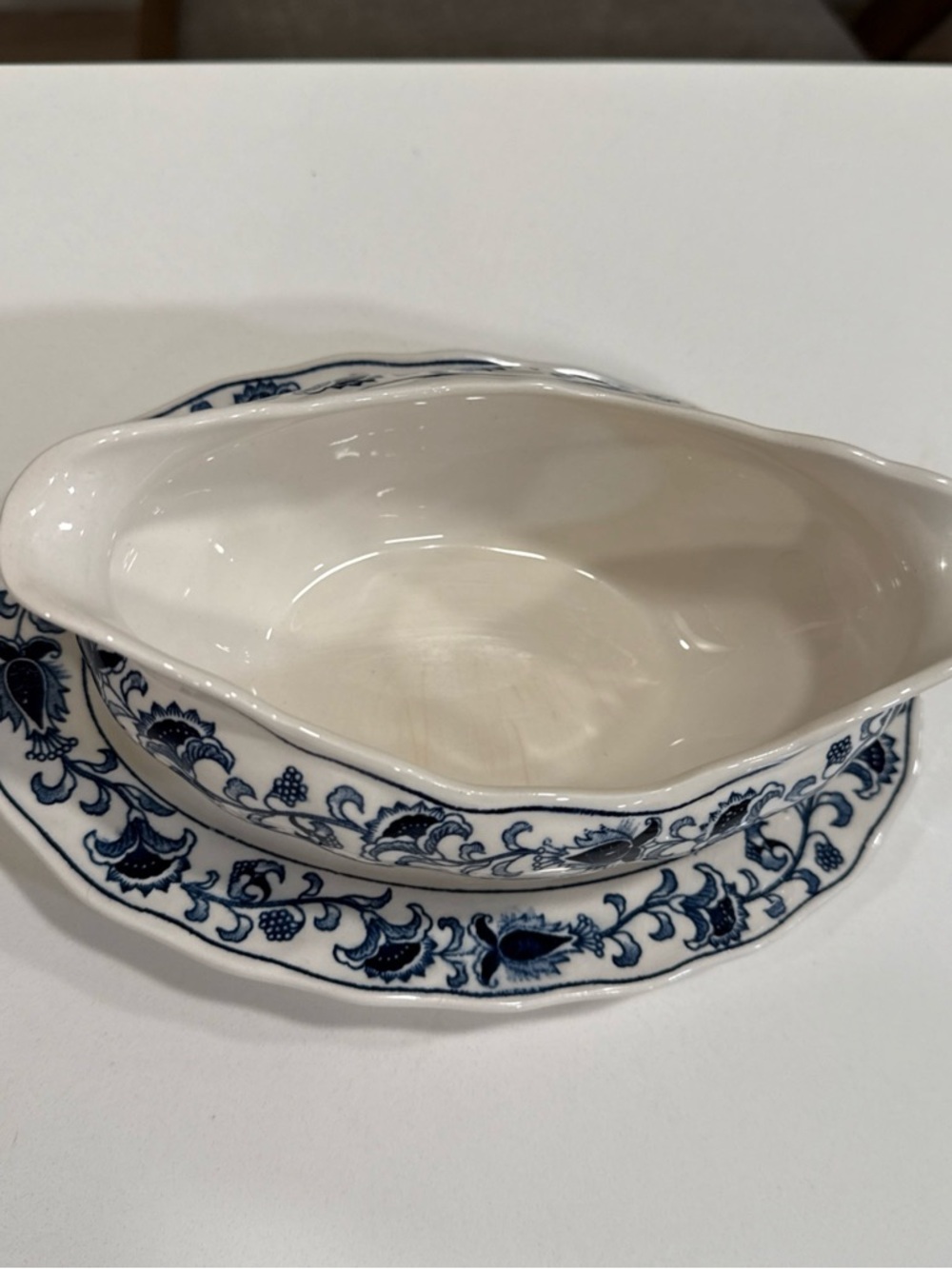 Nikko Ceramics White and Blue Floral Gravy Boat with Matching Underplate